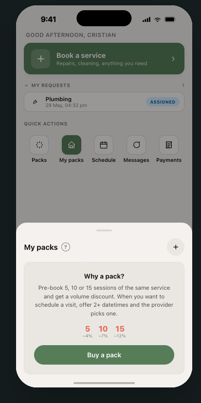 Wenest app — buy a pack of visits